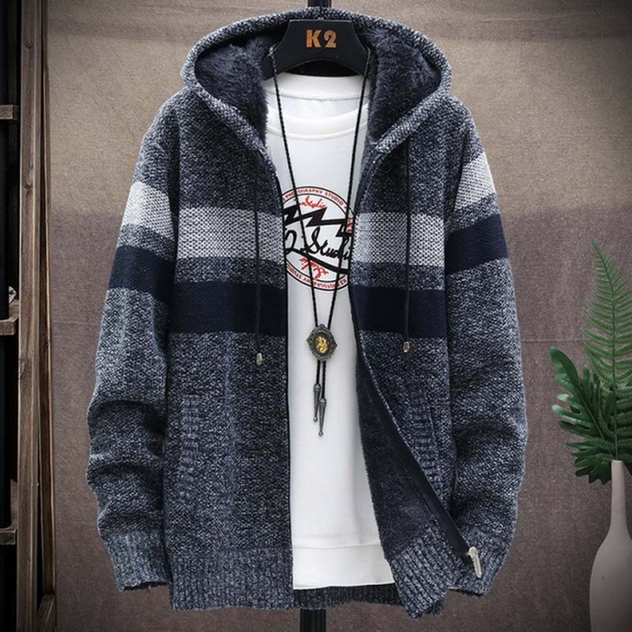 Hooded zip-front jacket in dark gray plaid, full zip, drawstring hood