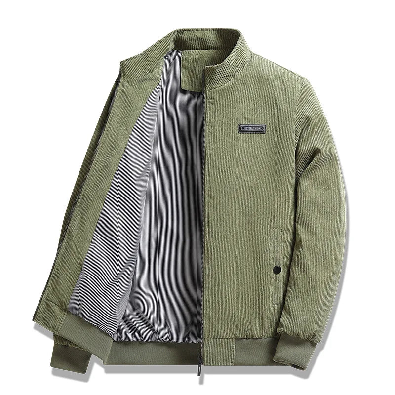Men's relaxed corduroy workwear jacket in green, full-zip with stand collar and chest patch