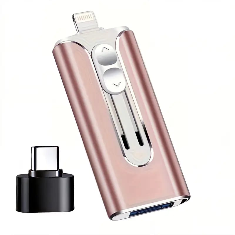 Rose gold 3-in-1 USB flash drive with Lightning connector and blue USB port