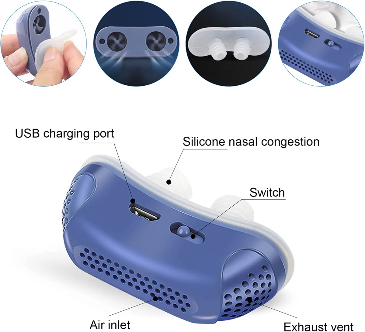 Blue CPAP sleep device with USB port, switch, and air inlet/exhaust vent