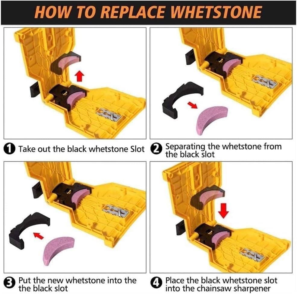 Chainsaw chain sharpener tool step guide for replacing whetstone in the purple slot