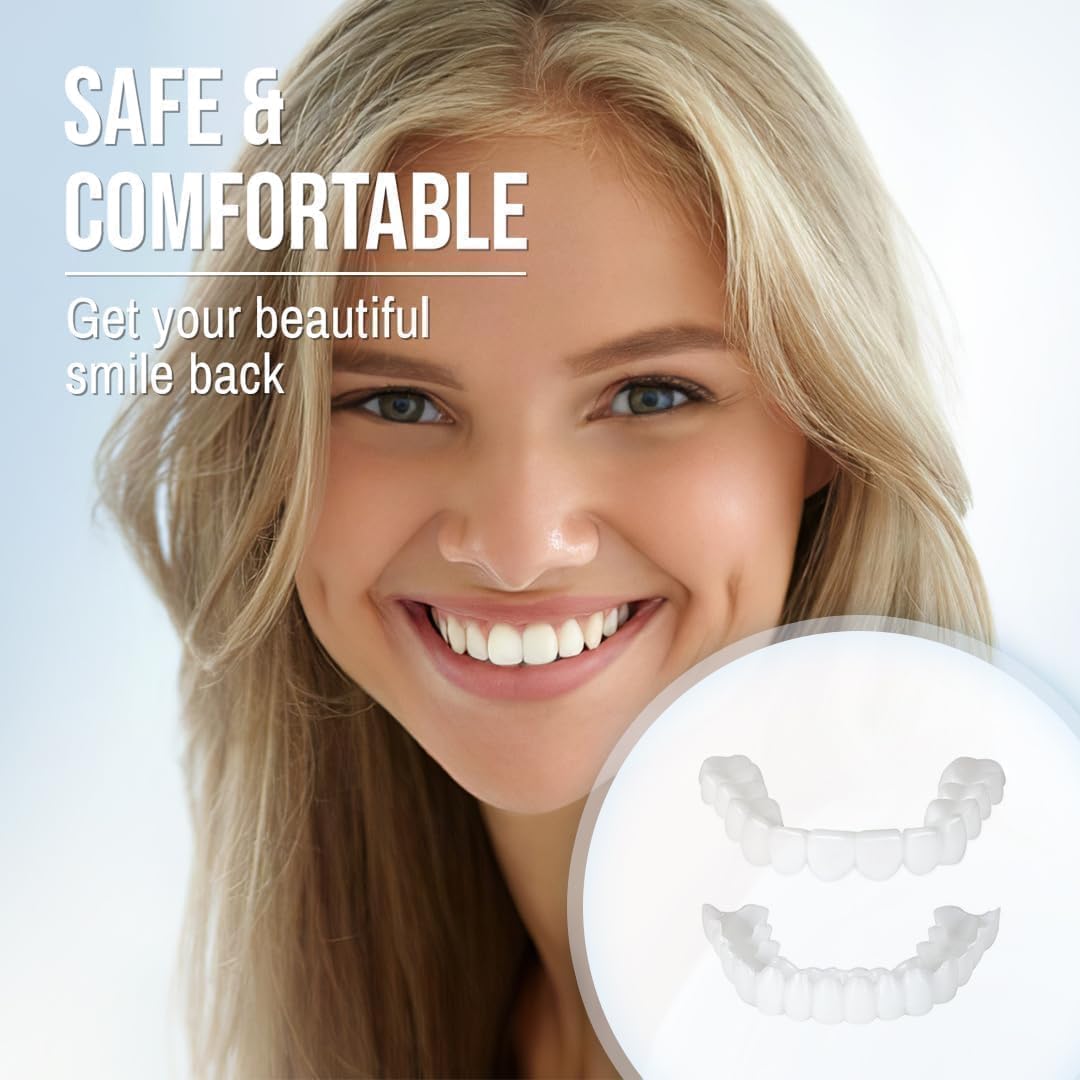 Cosmetic dental veneers with smiling woman and clear teeth overlay