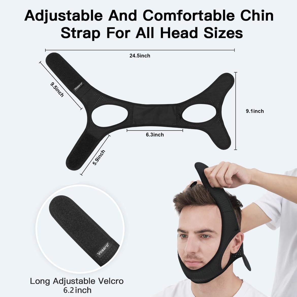 Black adjustable chin strap with Velcro closure, curved chin support pads