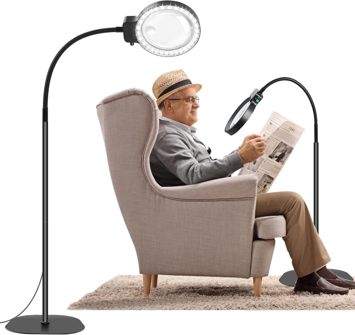 Black LED magnifying lamp with circular head, flexible gooseneck arm, and round base.