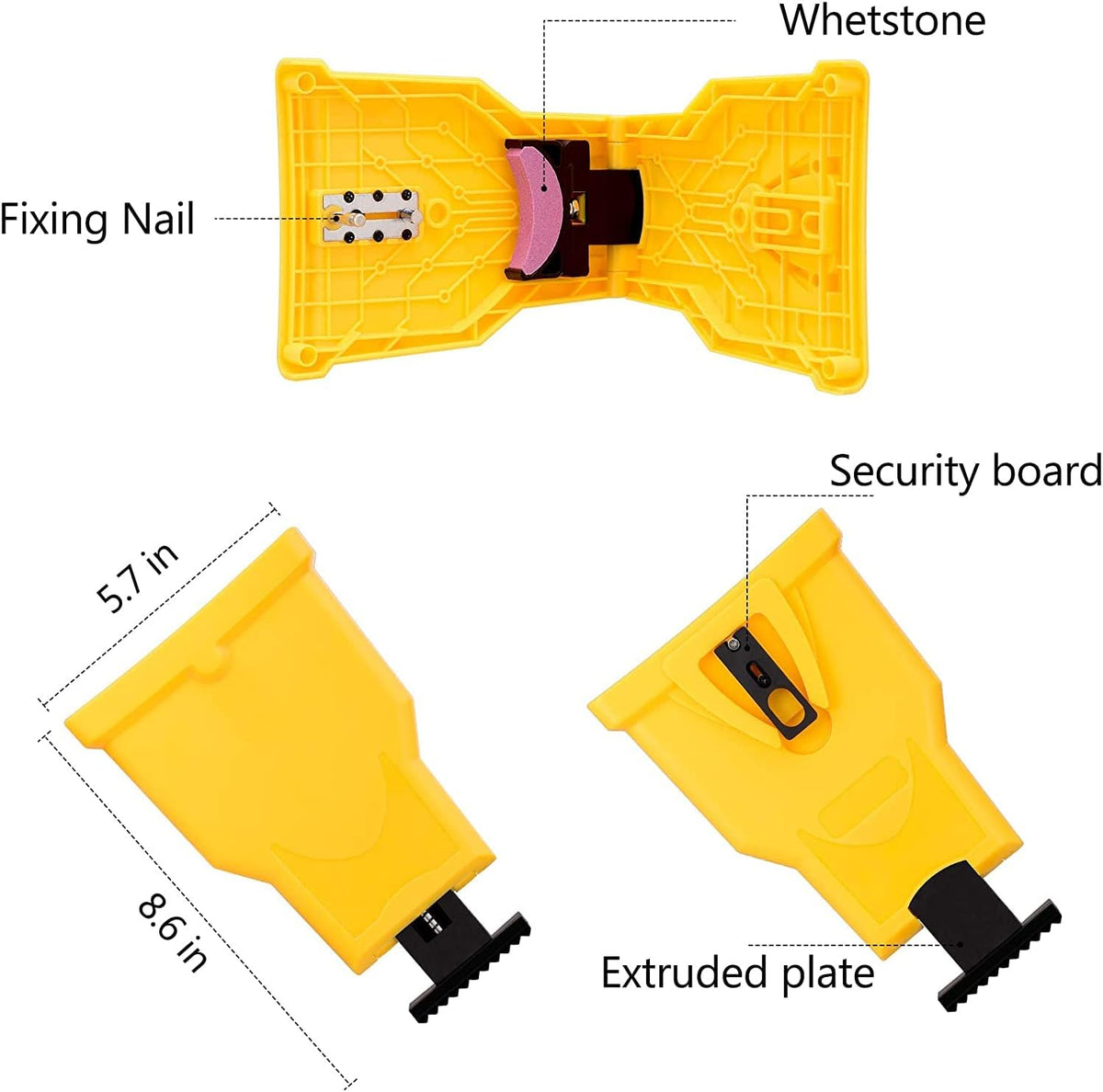 Chainsaw chain sharpener tool parts diagram with whetstone and security board labeled
