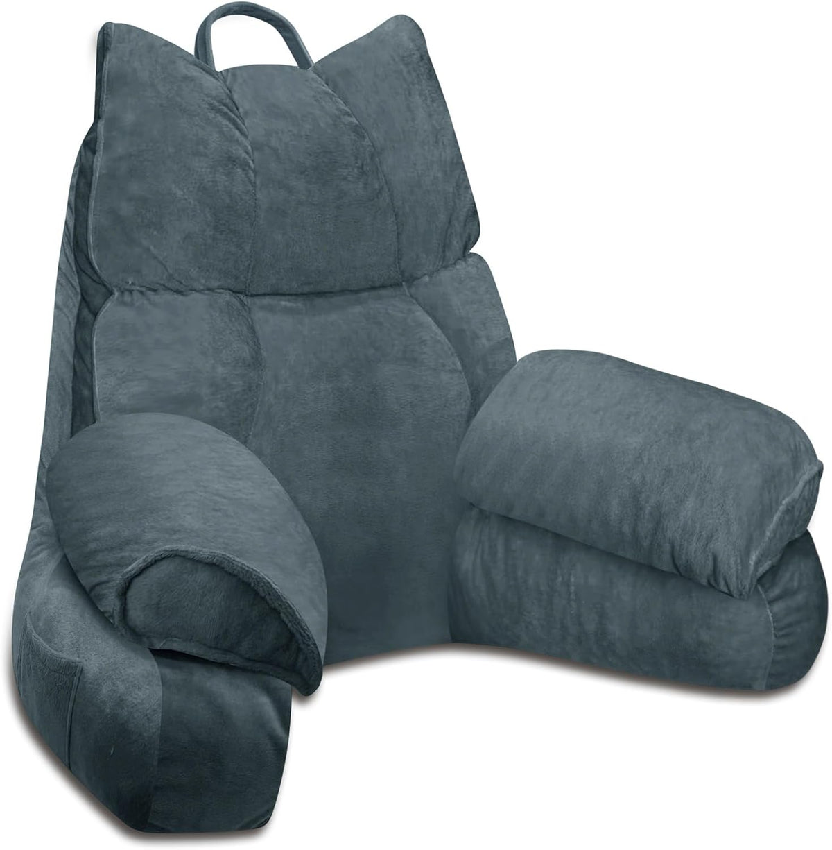 Lounge pillow with arm support, gray-blue striped fabric, rolled side and arm bolsters