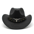 Black western cowboy hat with studded band and silver bull head buckle detail