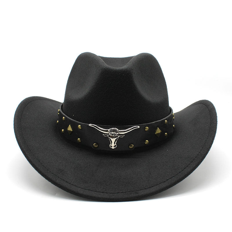 Black western cowboy hat with studded band and silver bull head buckle detail