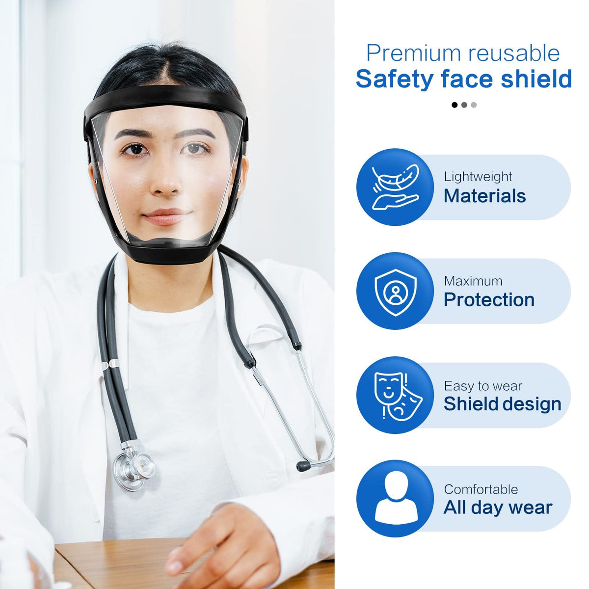 Anti-fog protective face shield on clinician with clear visor and black frame