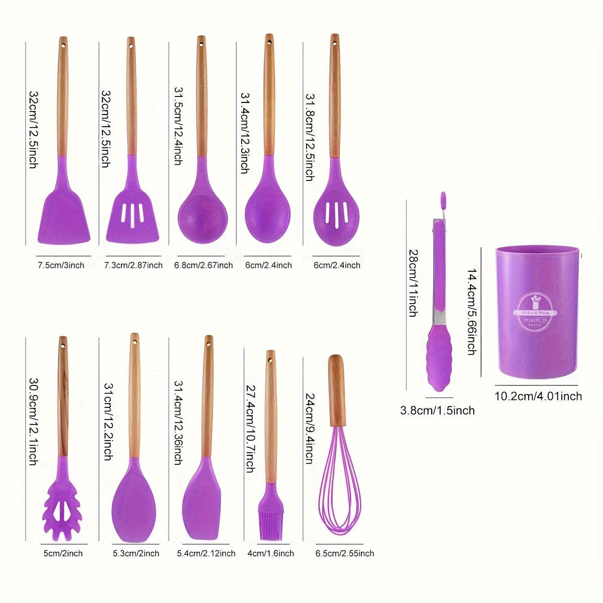 Purple silicone utensil set with wood handles and size measurements on a chart.