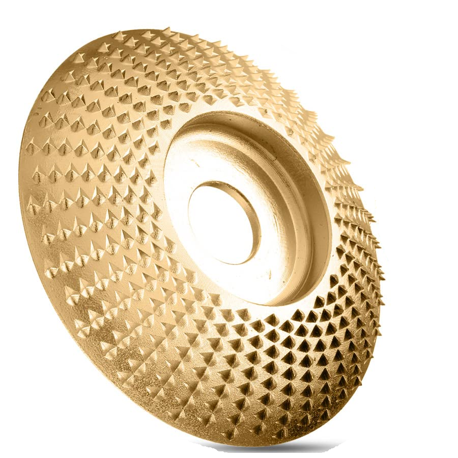 Tungsten carbide grinding disc, gold diamond-cut abrasive wheel side view with center hole