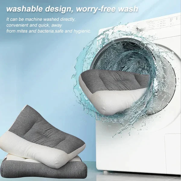 Orthopedic contour neck pillow near water, gray textured cover and white base