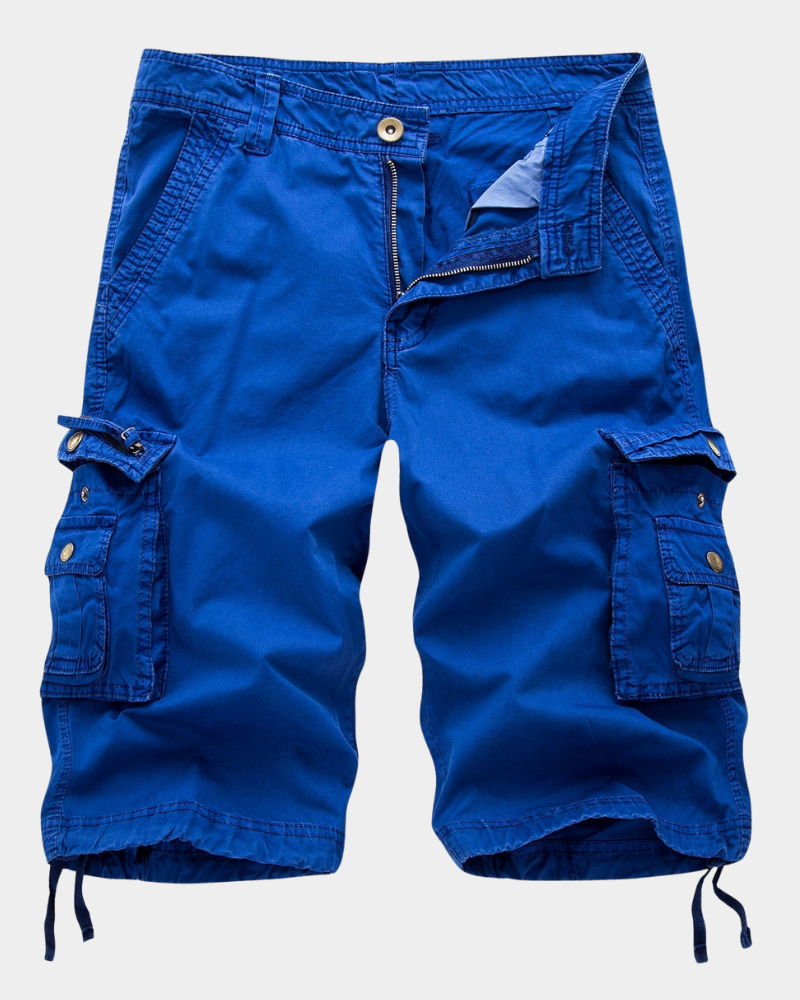 Men's cargo shorts in bright blue with zip fly, button waist, and side cargo pockets