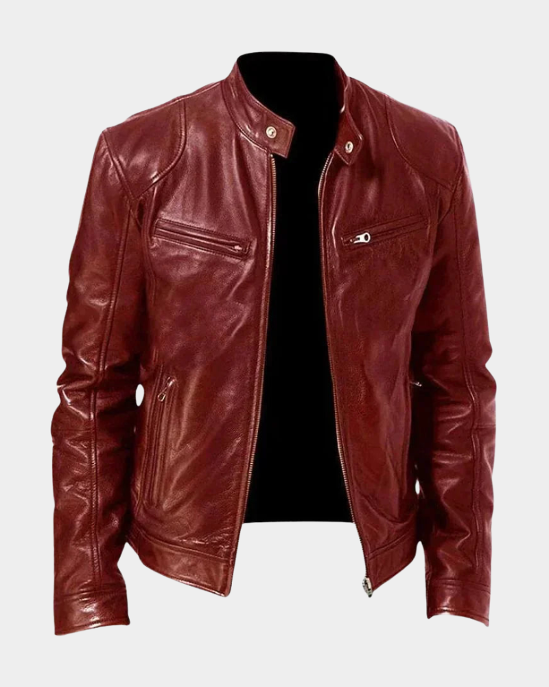 Red leather rider jacket with stand collar, snap buttons, and zip front; zip chest pockets