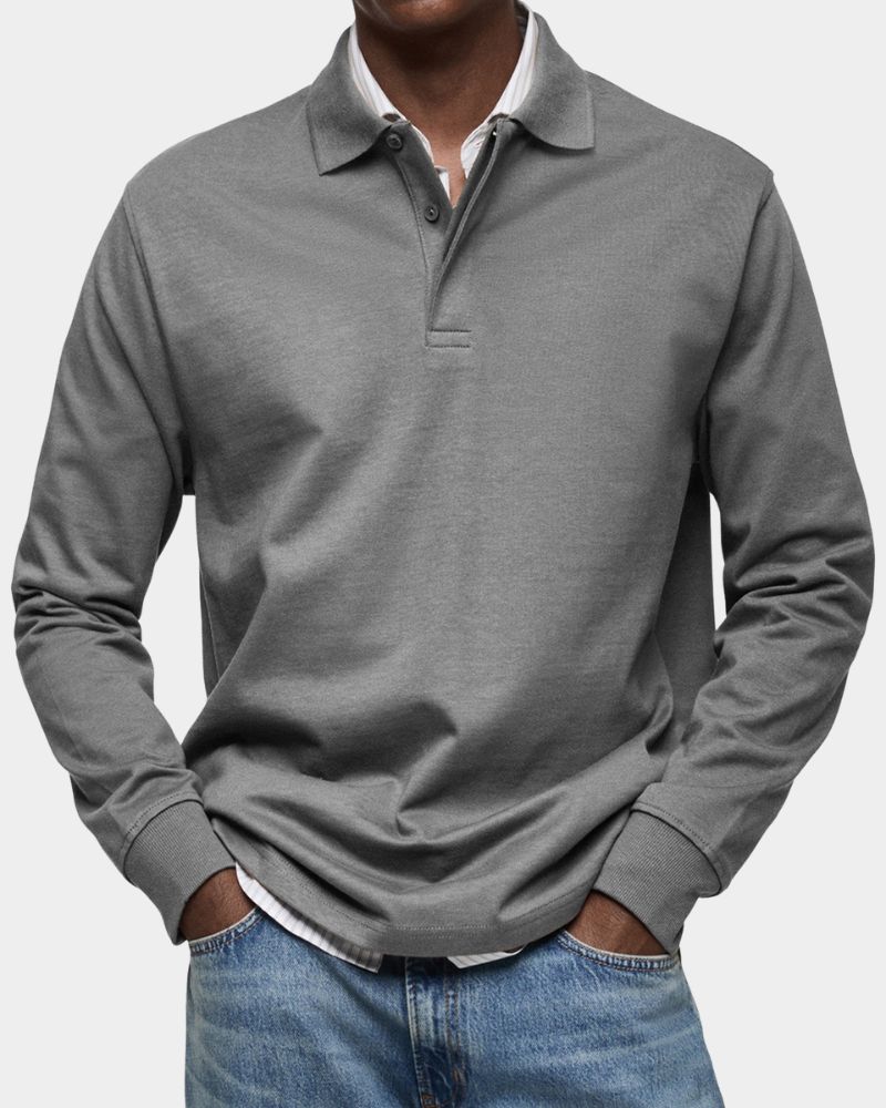 Men's heather gray long-sleeve polo shirt with button placket and ribbed collar