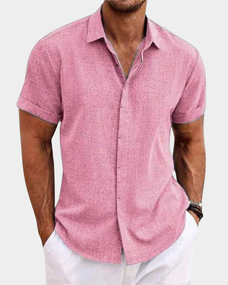 Men's pink casual short-sleeve button-up shirt with pointed collar