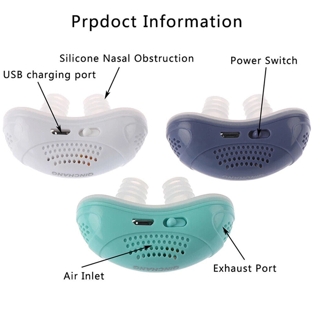Portable anti-snoring device parts diagram with air inlet, exhaust port, and USB charging port
