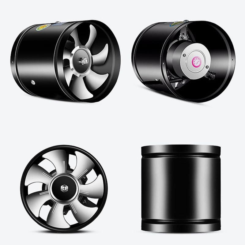 Exhaust fan set with black cylindrical housing, fan wheel, and circular end mount