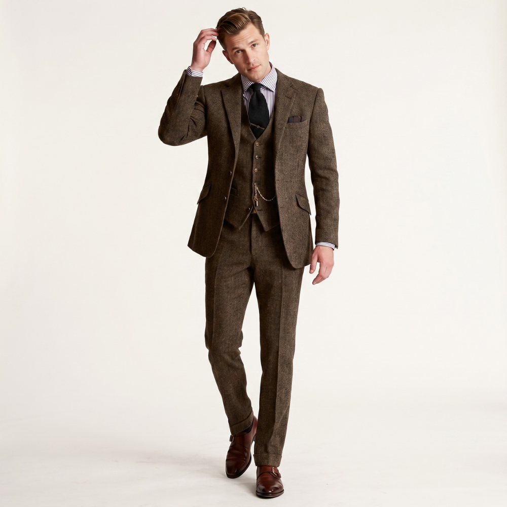 Men's tailored three-piece tweed suit in brown, jacket and vest with matching trousers