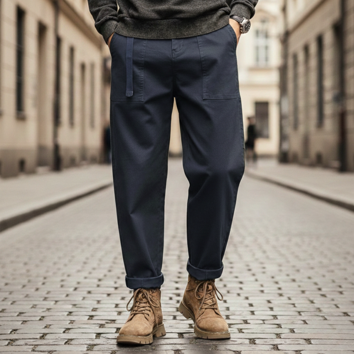 Relaxed straight-leg cargo pants, navy color view