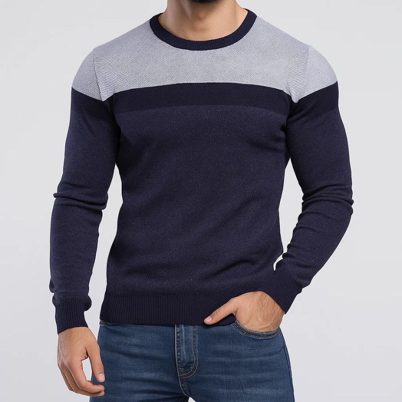 Men's ribbed crew neck pullover in light heather blue with navy horizontal stripe bands