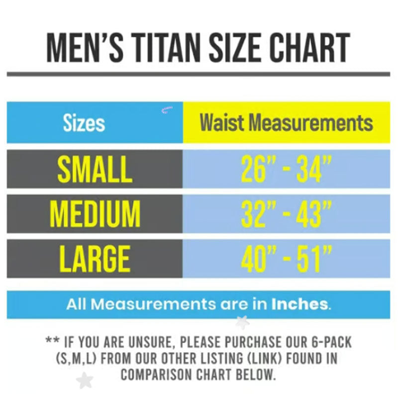 Men's Titan size chart with waist measurements for buckleless belts