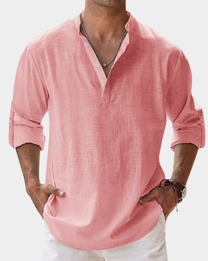 Pink button-up casual shirt with V-neck and 3/4 sleeves, relaxed fit.