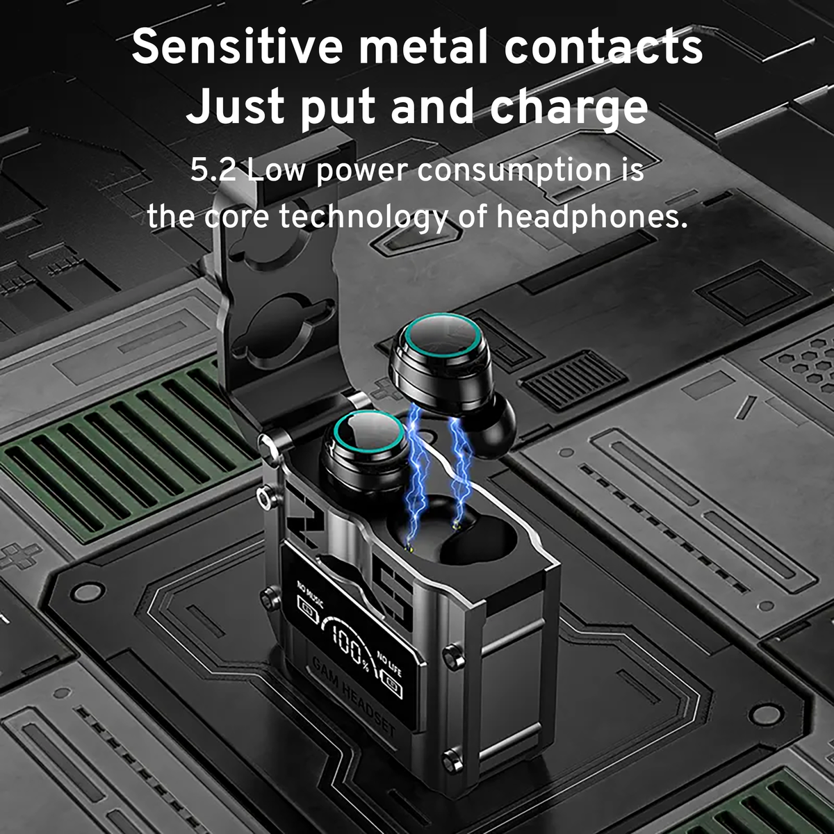 Black earbuds charging in a silver case with glowing contact points