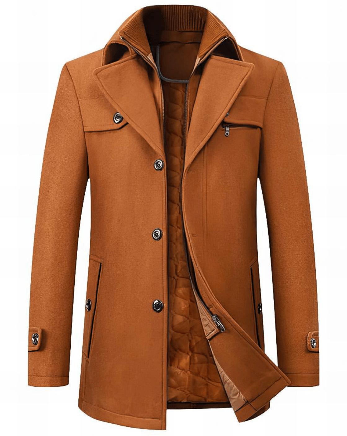 Men's tailored layered button coat, camel hood, asymmetrical button front