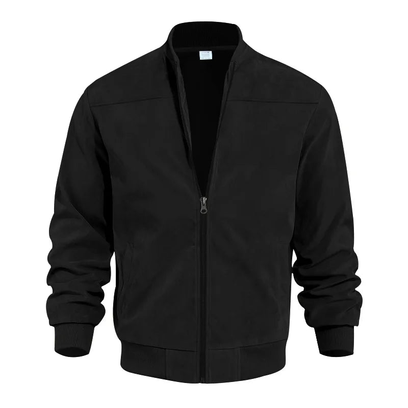 Black suede-look bomber jacket with stand collar and zip front