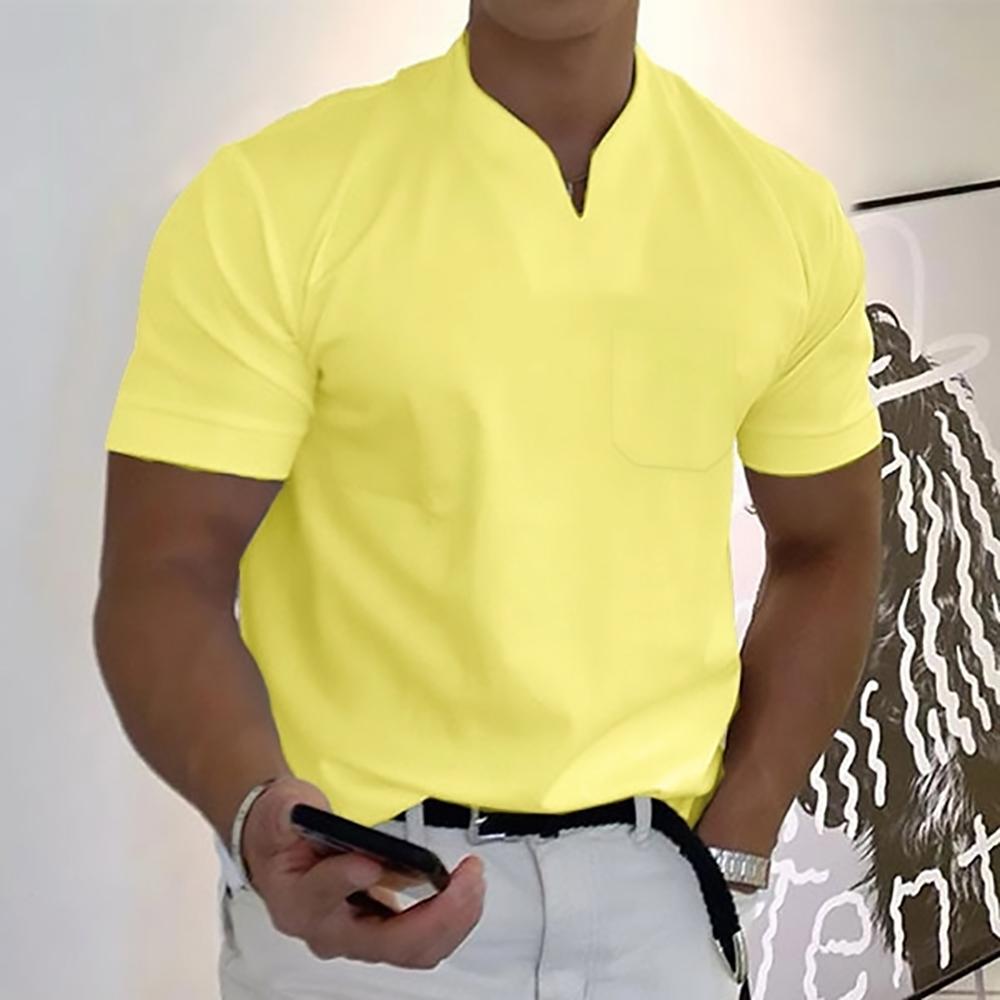 Men's short-sleeve mandarin collar shirt in yellow, chest pocket, front placket