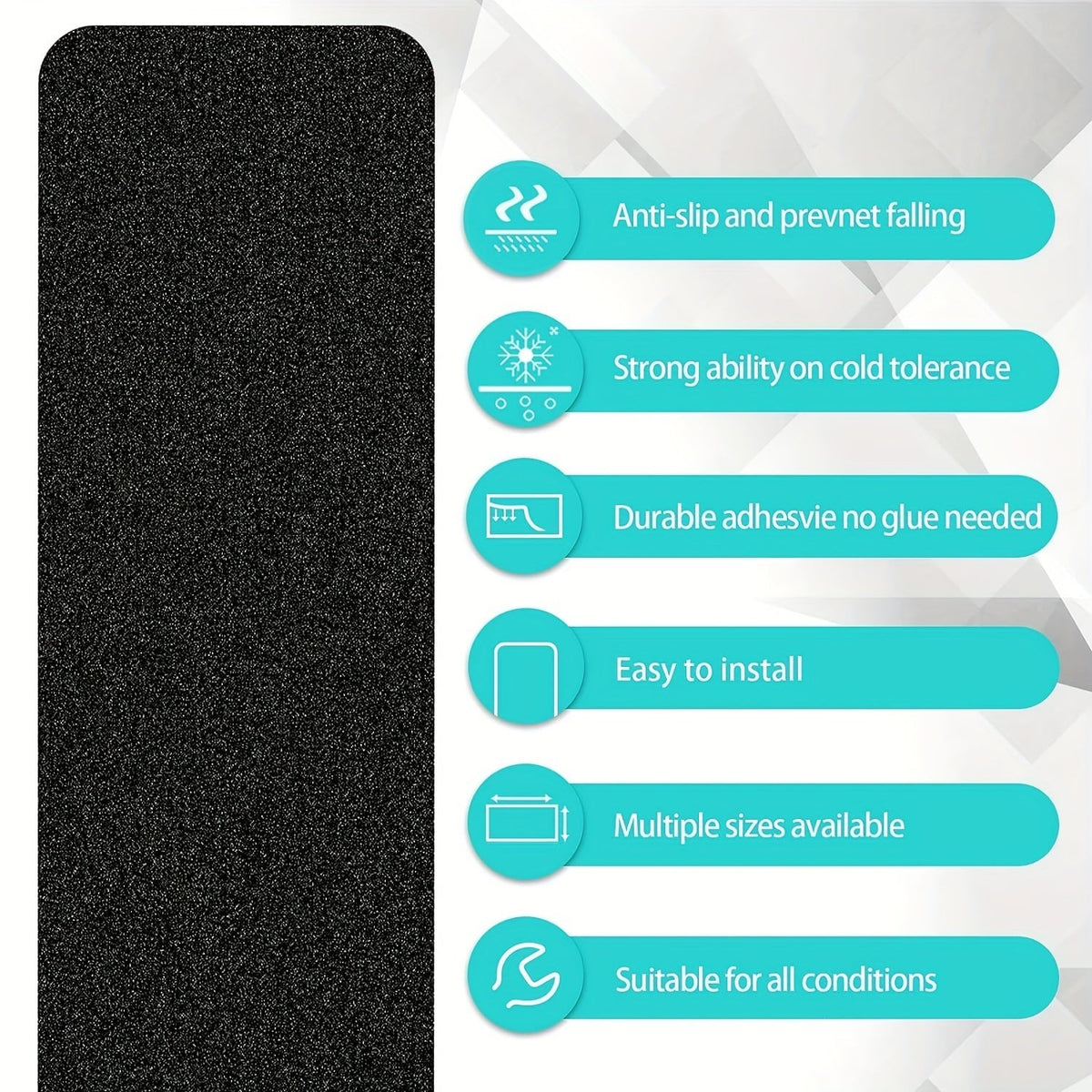 Black anti-slip stair tread strip close-up on package graphic with feature icons