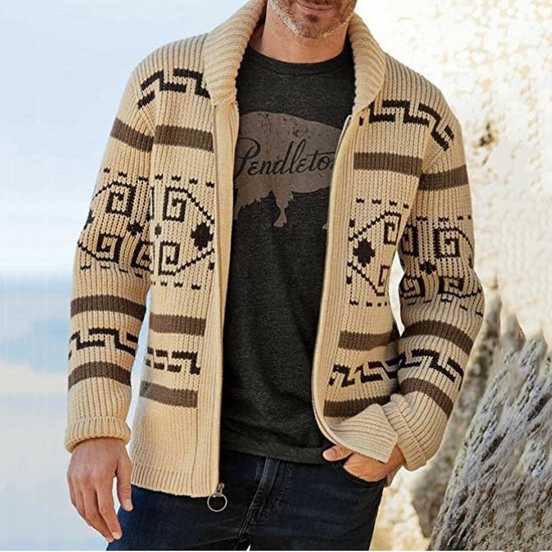 Men's tan zip cardigan with black-and-cream Aztec-style knit pattern