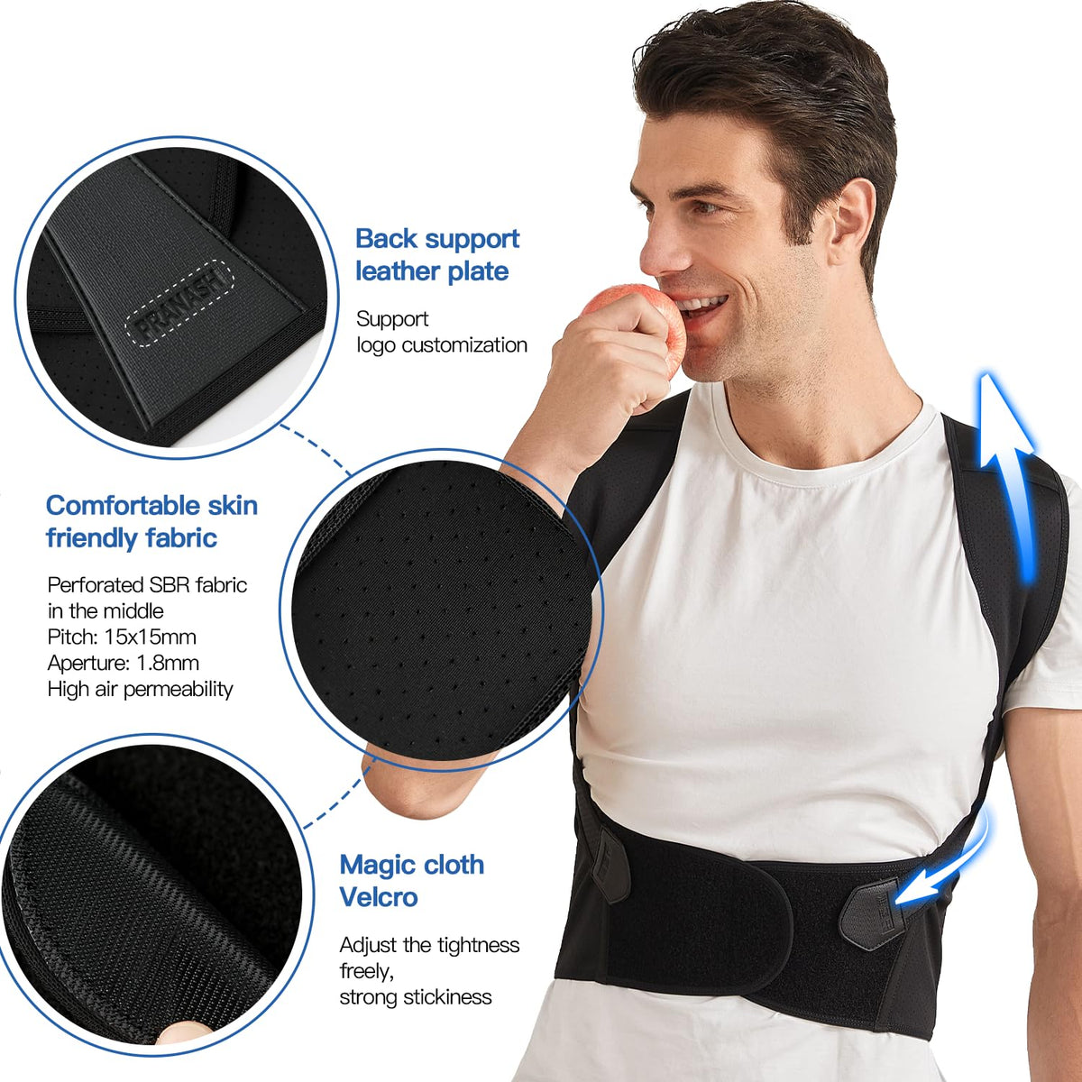 Black posture strap with textured shoulder plates and adjustable waist hook-and-loop