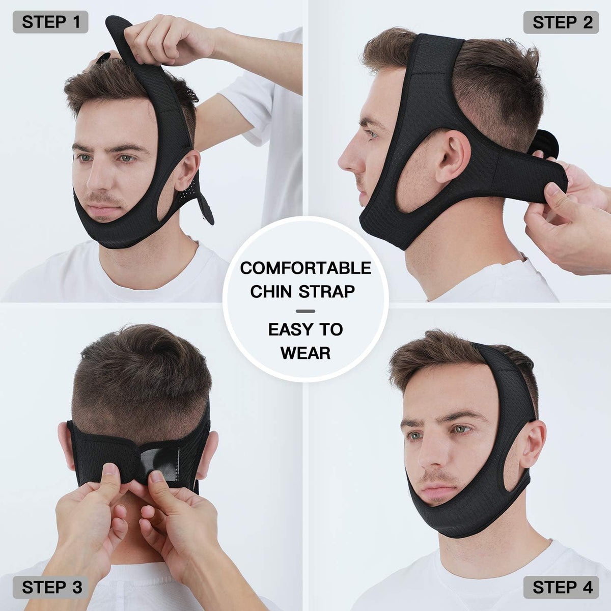 Steps showing how to wear a black chin strap on a person.