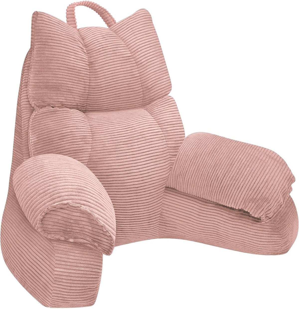 Lounge pillow with arm support, light pink striped fabric, rolled side and arm cushions