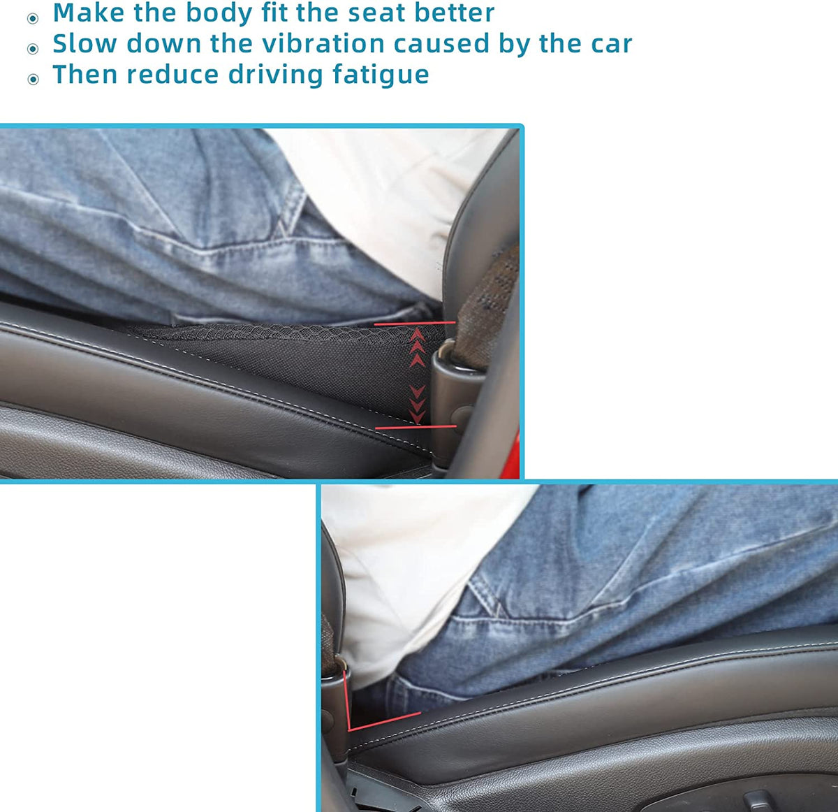 Memory foam car seat cushion supporting the hip and thigh areas on a car seat