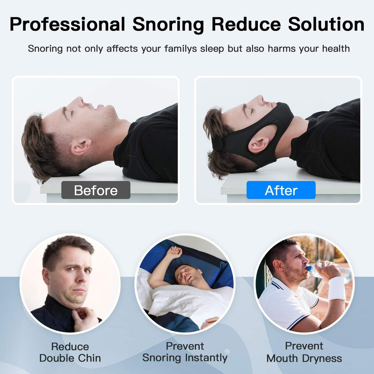 Black chin strap on face while lying down, shown in before-and-after views