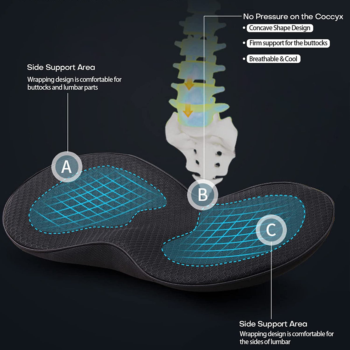 Memory foam car seat cushion with blue grid texture and side support zones