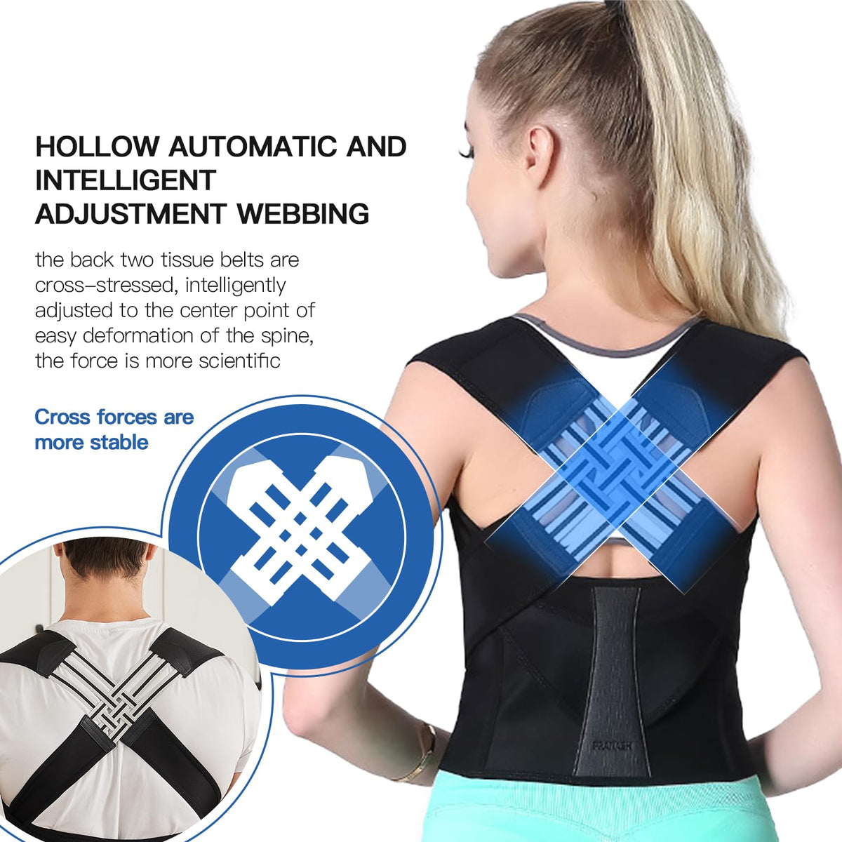 Black posture support strap with crossed webbing on back and adjustable shoulder bands