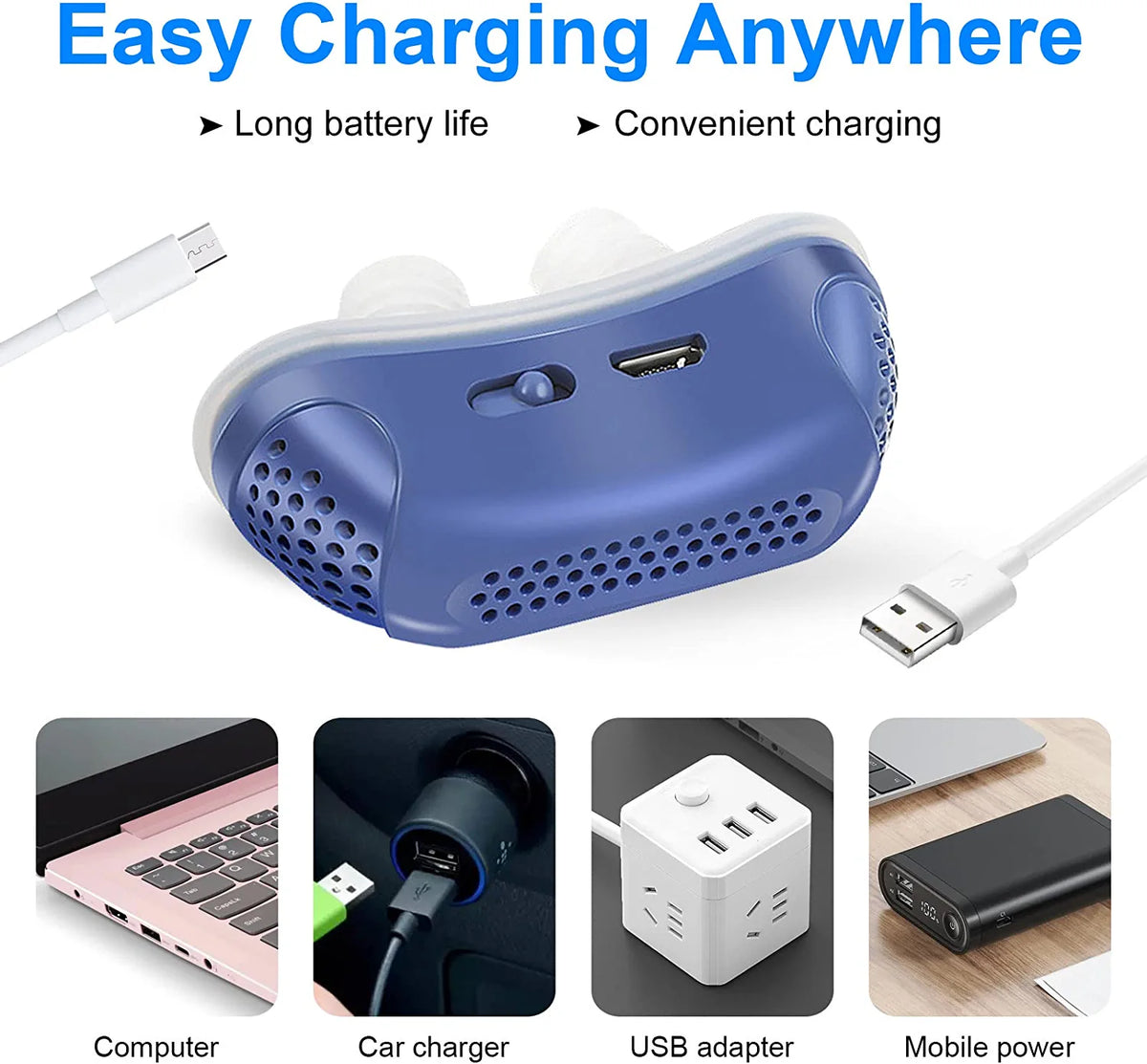 Blue CPAP sleep device with USB cable and perforated side air vents