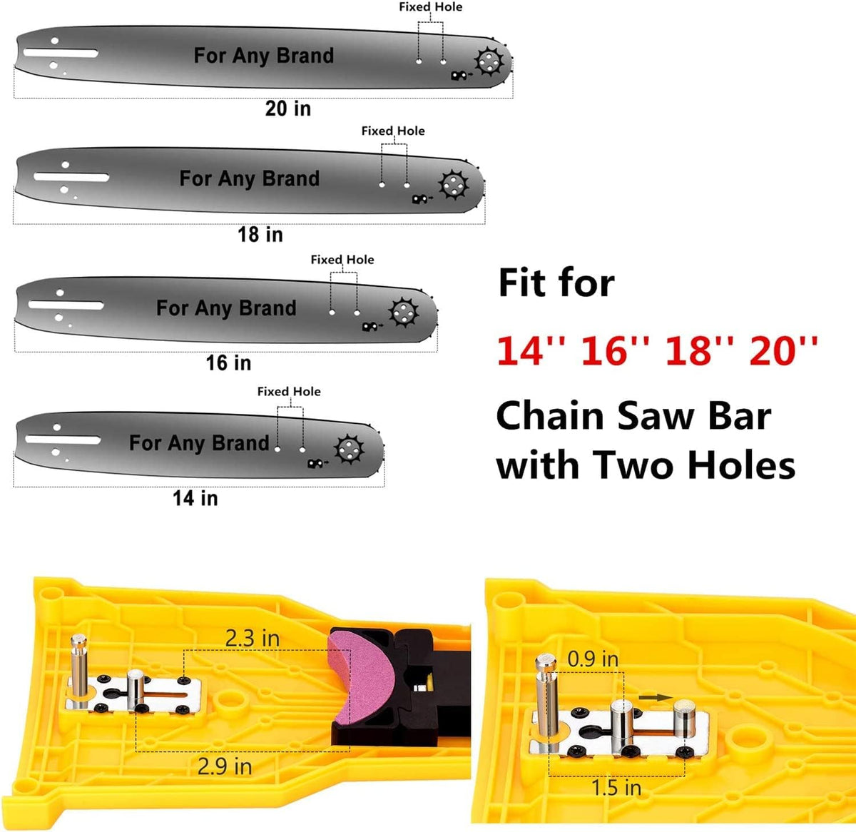 Chainsaw chain sharpener tool showing bar length fit options and yellow sharpening fixture