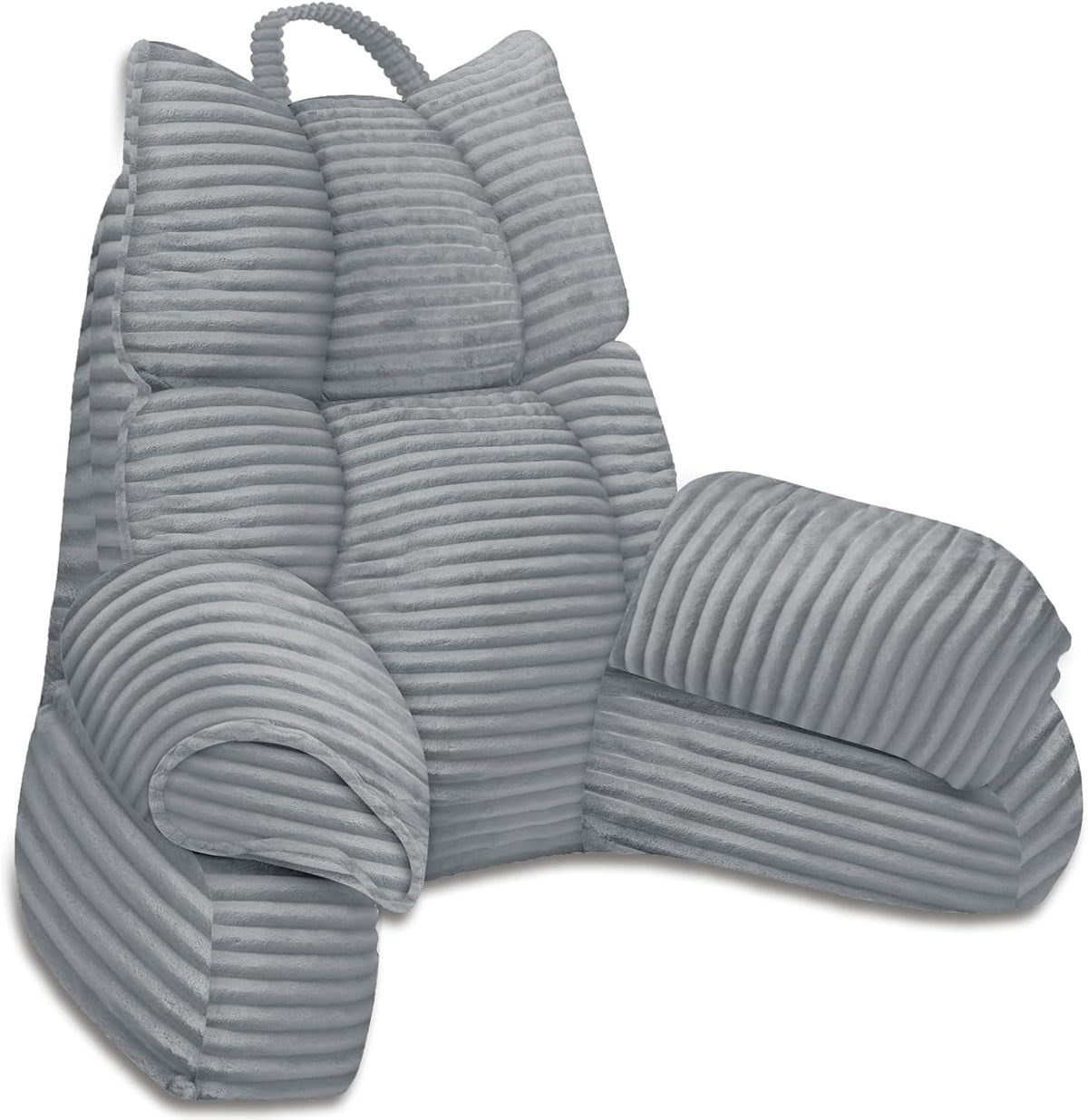 Lounge pillow with arm support, light gray striped fabric, rolled side bolster and armrest