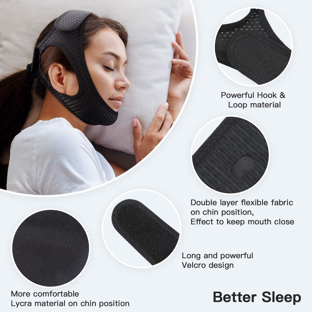 Black flexible chin strap fabric with Velcro area and double-layer chin support