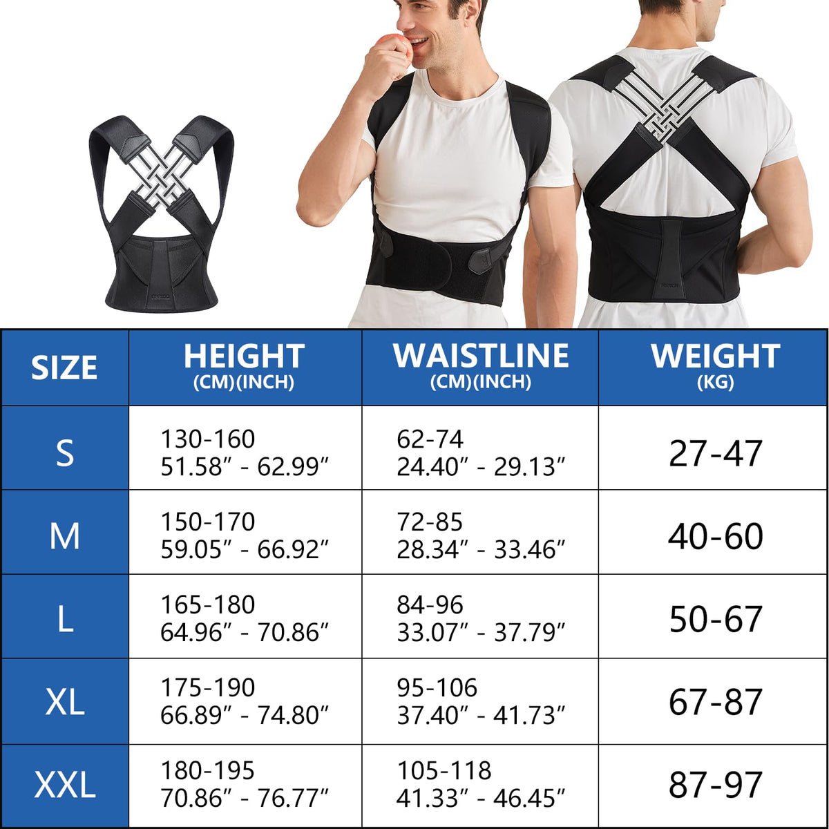 Black posture support strap shown from back and front with adjustable shoulder straps