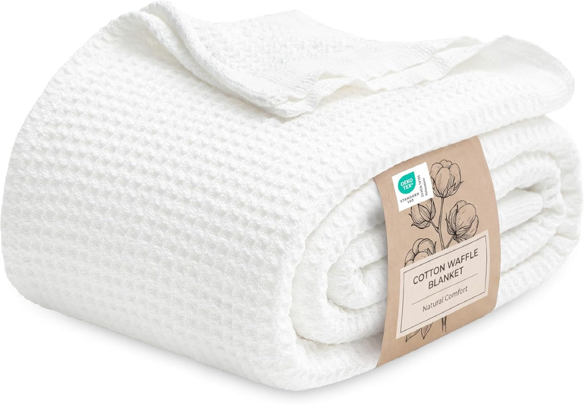 White cotton waffle-weave cooling blanket folded and packaged.
