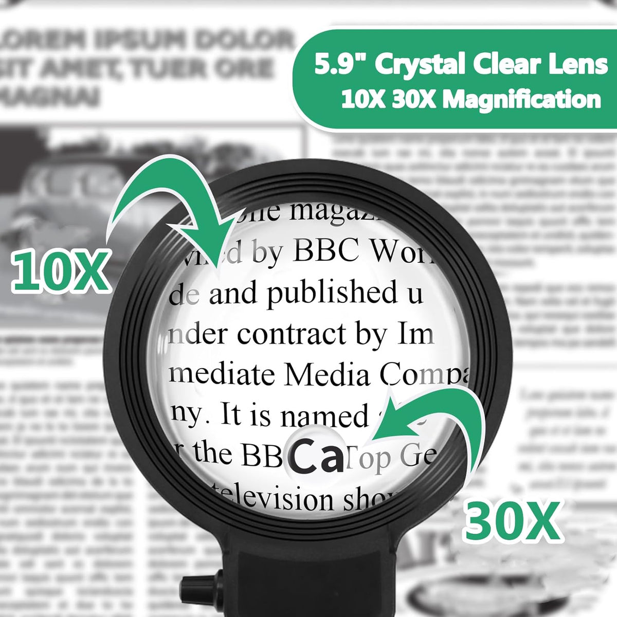 Black LED magnifying lamp head with clear lens panel for reading small text.