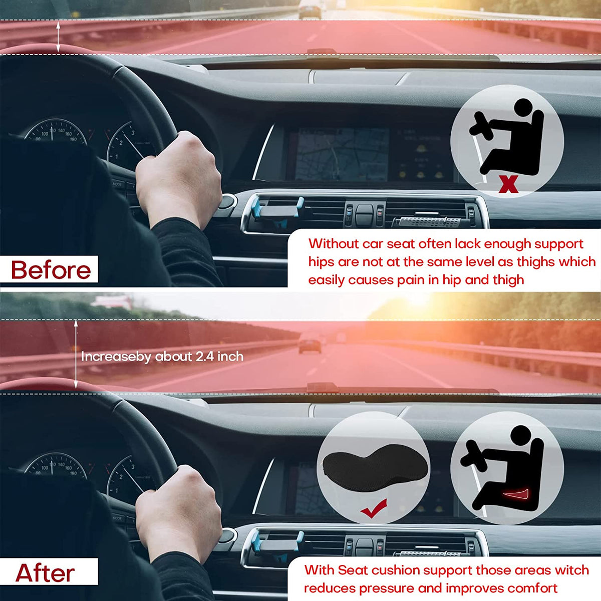 Memory foam car seat cushion helping improve leg and hip support while driving