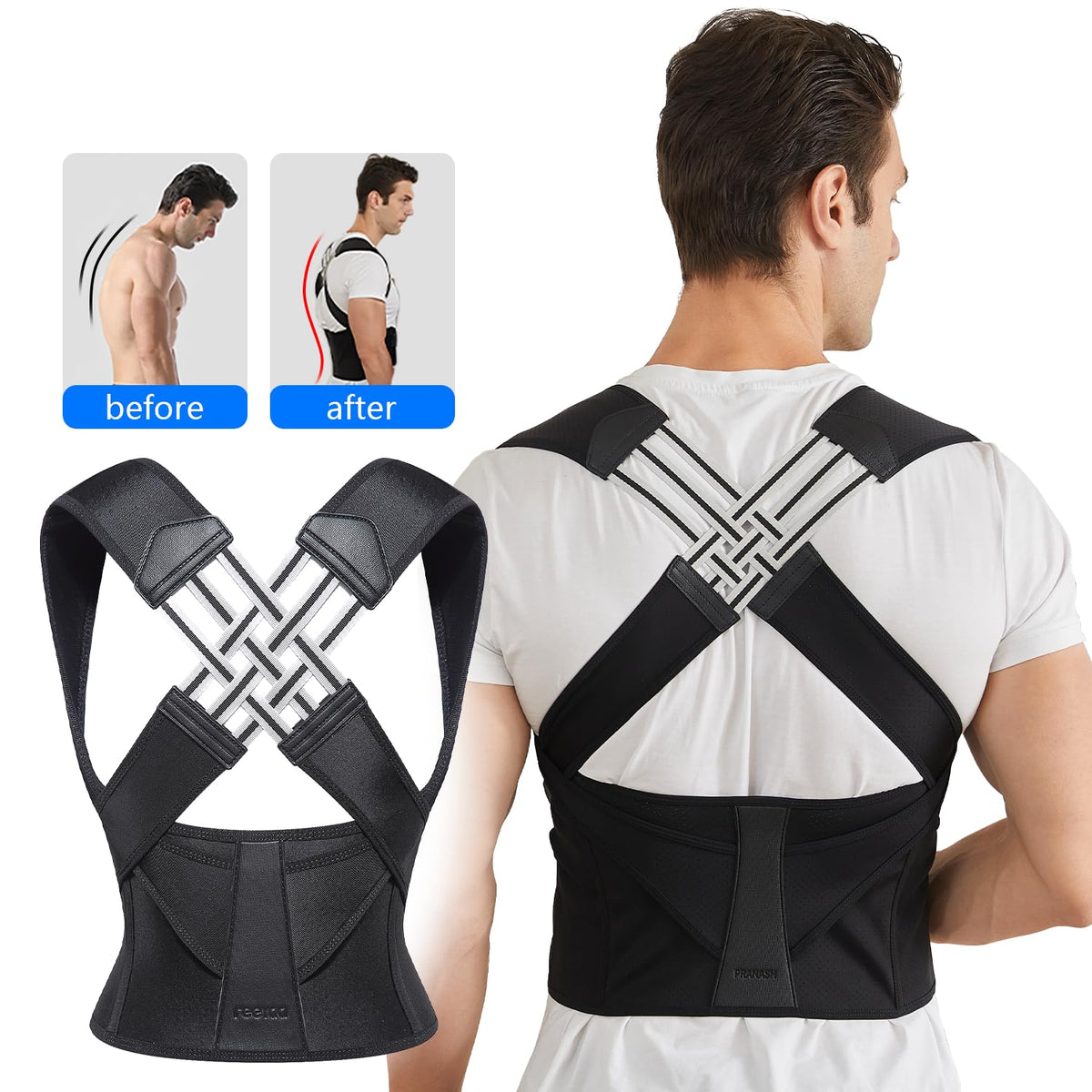Black posture support strap with X-cross back design and wide waist belt