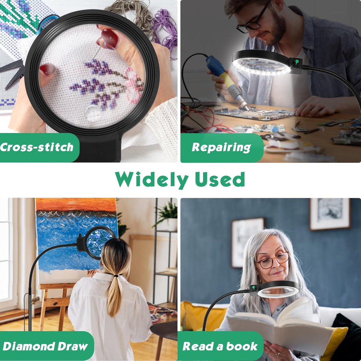 Circular LED magnifying lens with black frame, shown up close for reading details.